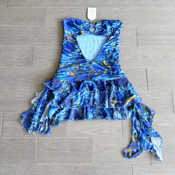 NWT OUTCAST CLOTHING KATIE STRAPLESS MINI DRESS AZURE FEATHER L Mesh Ruffle Y2K - Picture 9 of 15